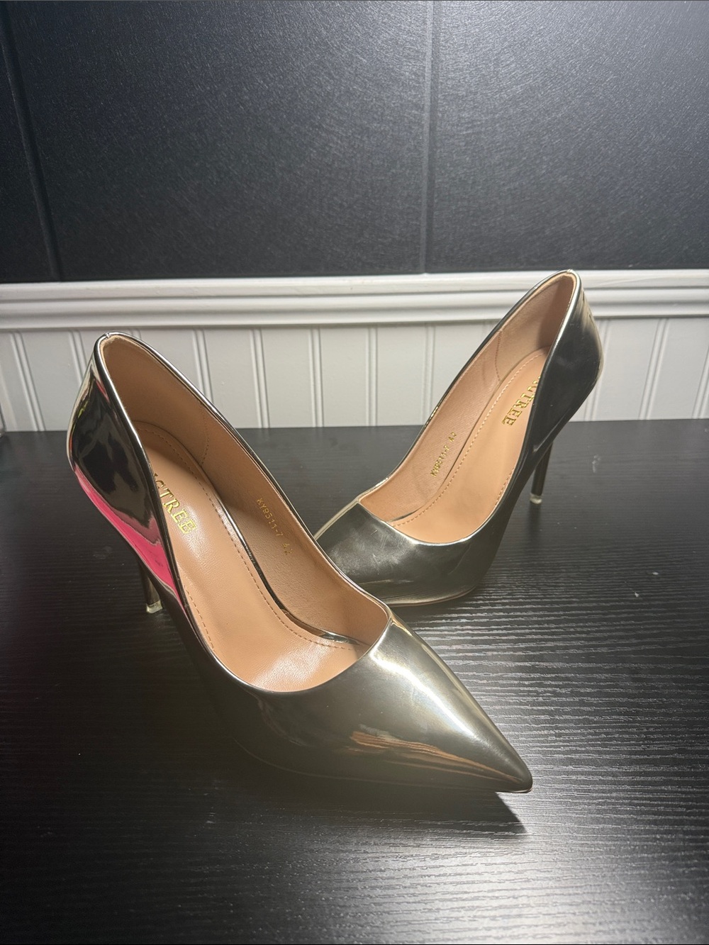 Metallic Gold Pointed Toe Heels with Pink Heel Accent